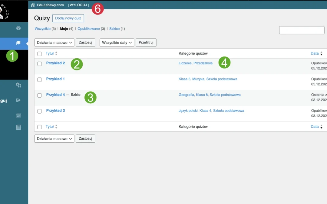 Interfejs zarządzania quizami